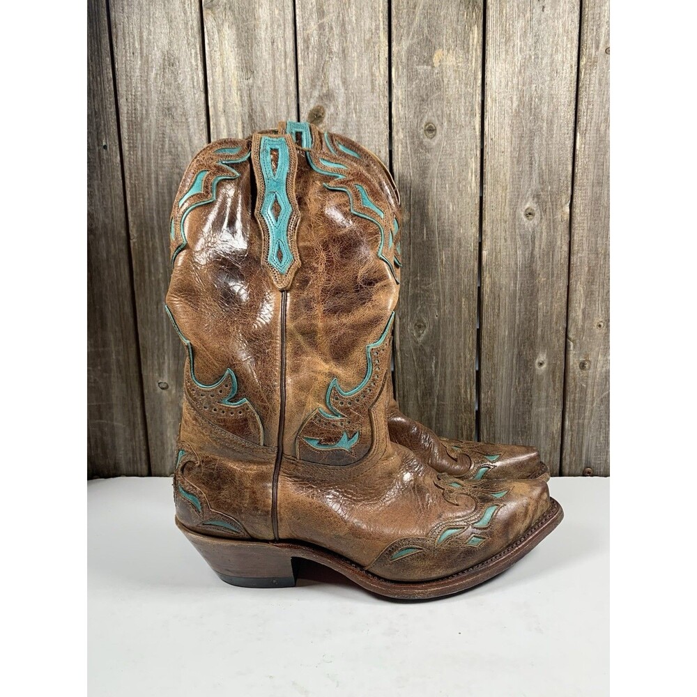Boulet Women’s Turqueza Sz 8.5 Brown & Turquoise Leather Cowboy Boots Snip Toe
